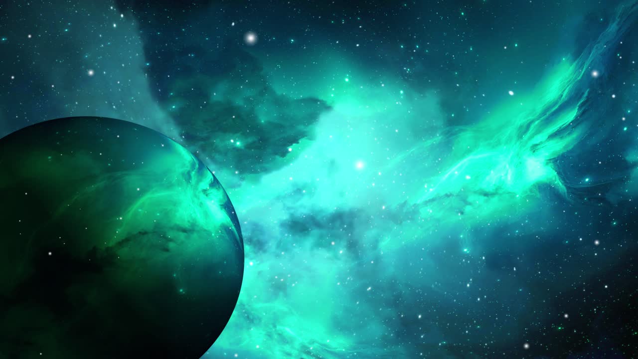 planetas verdes y nubes nebulosas azules en el universo