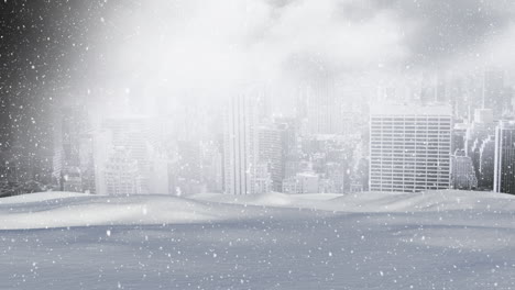 snow falling and cityscape