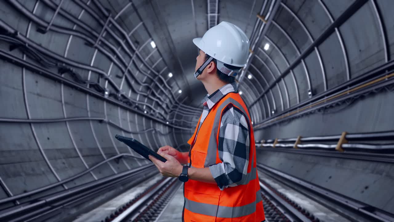 Side View Of Asian Male Engineer With Safety Helmet Looking At The Tablet In His Hand And Looking Around While Standing In Underground Subway Tunnel
