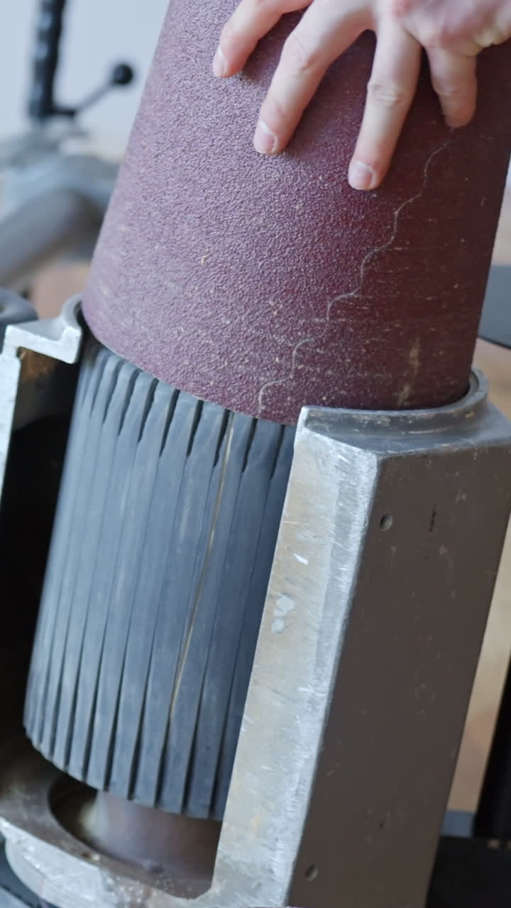 Close-up of a hand adjusting the sanding roll on a floor sander during maintenance, showing the texture of the abrasive and the structure of the machine, vertical frame, real time, camera static