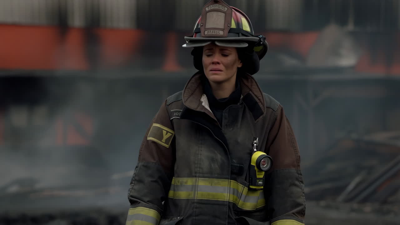 A woman firefighter is crying after a fire