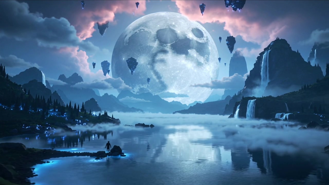 Figure incappucciate che condividono un momento, camminando lungo la riva con nebbia crescente, luna gigante, isole nel cielo
