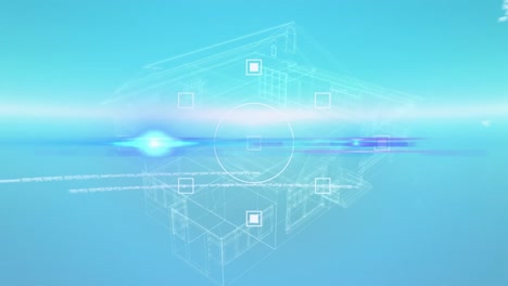 Animation-of-computer-language-over-squares-and-circle-against-3d-model-of-house-on-blue-background
