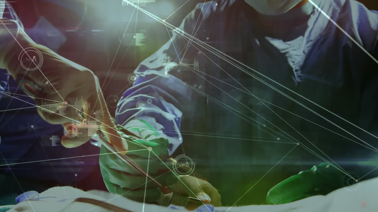 수술실에서 외과 의사들에 대한 연결 네트워크와 데이터 처리의 애니메이션