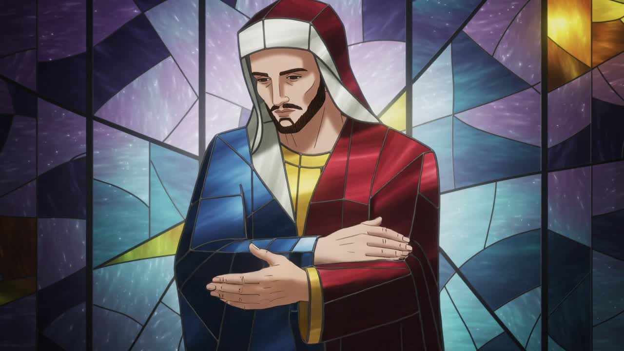 Cámara retrocediendo mostrando una figura de vidriera con los brazos cruzados en oración en una capilla con vestimentas brillantes y gorra.