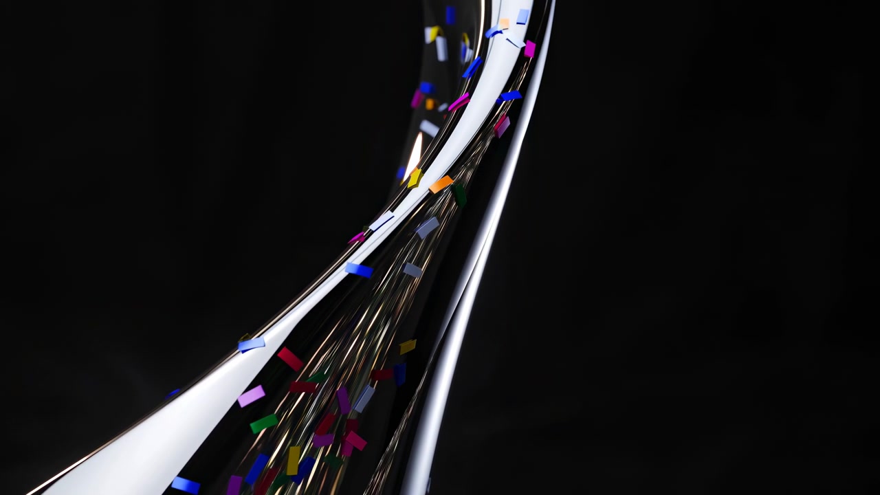 Reflective silver ribbons arc across black background while multicolor confetti fragments scatter along polished surfaces, creating premium abstract motion mood, deep contrast, and elegant visual
