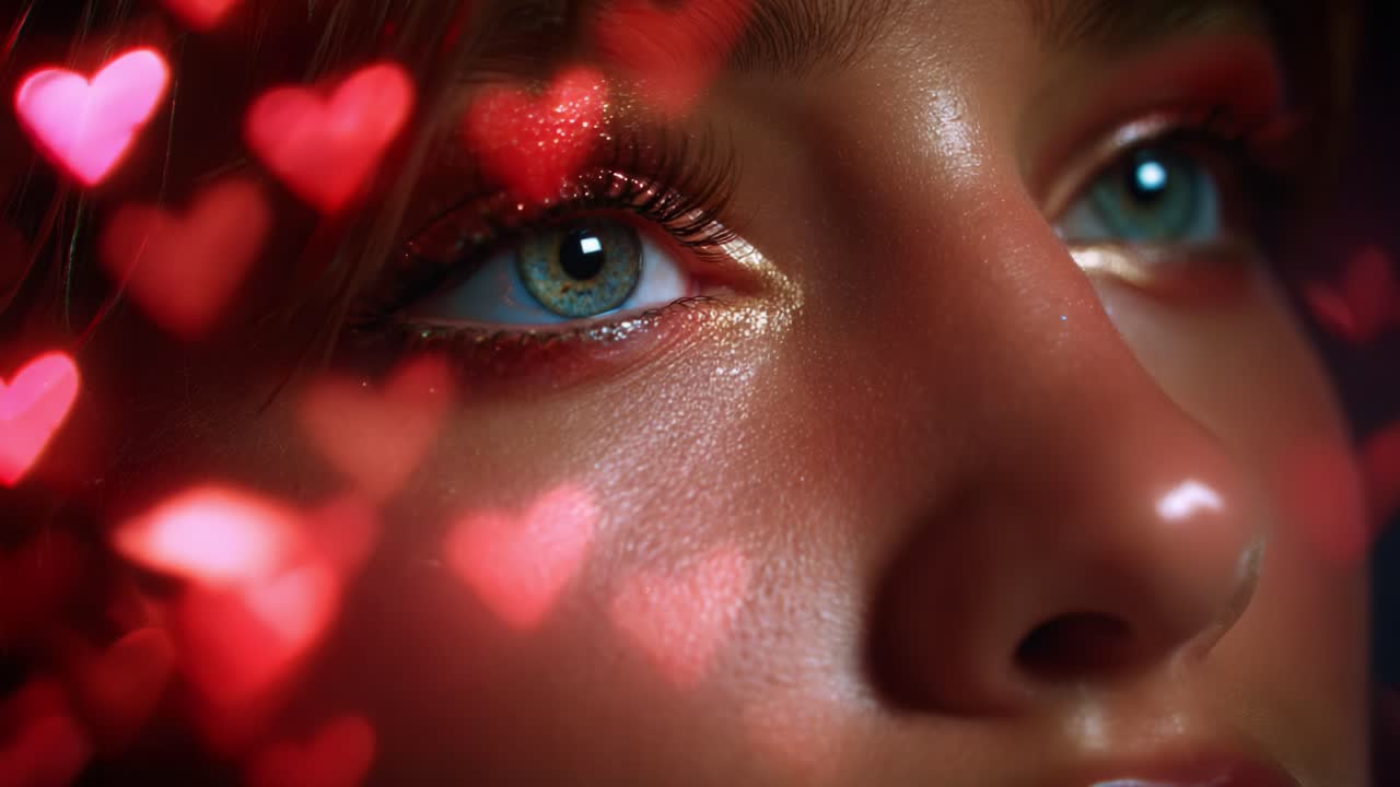 A Close-Up View of Beautiful Eyes Framed by Bright Red Heart Bokeh, Capturing Emotion and Intensity with Sparkling Makeup and Dazzling Colors, Making a Strong Impact Visually
