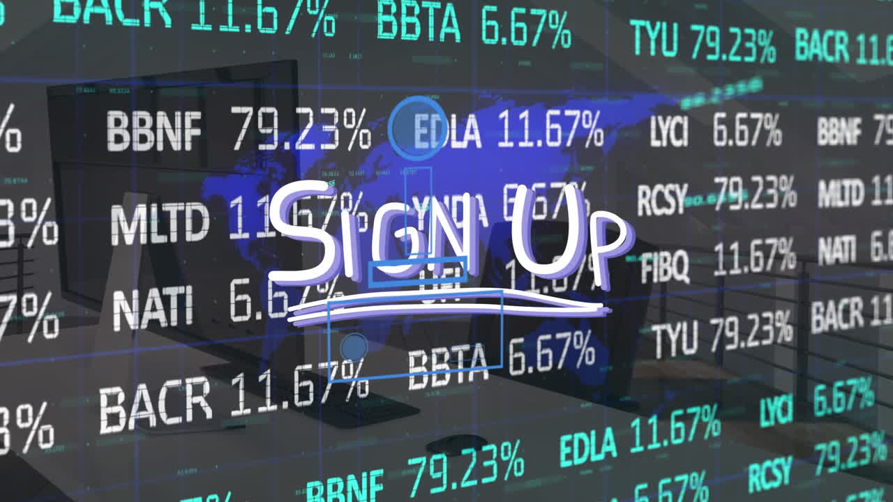 데이터 처리 및 사무실의 애니메이션 서명 텍스트 및 세계 지도