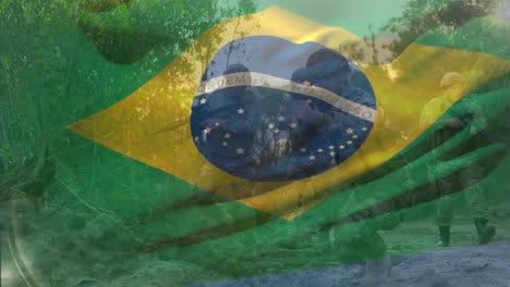 Animation-of-waving-flag-of-brazil,-diverse-soldiers-taking-positions-in-forest-after-seeing-enemies