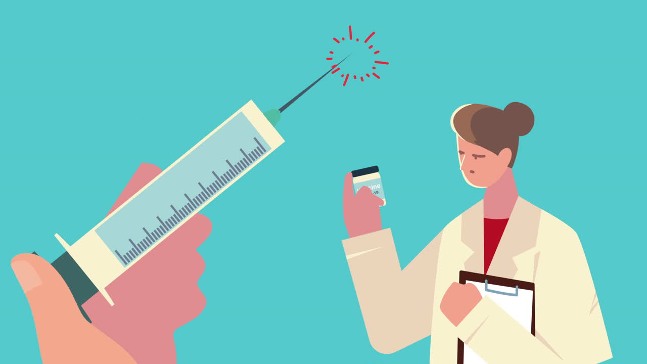 여성 의사는 백신 주사와 병을 가지고 있습니다.