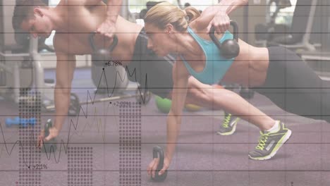 animación de procesamiento de datos estadísticos sobre una pareja caucásica en forma que trabaja juntos en el gimnasio