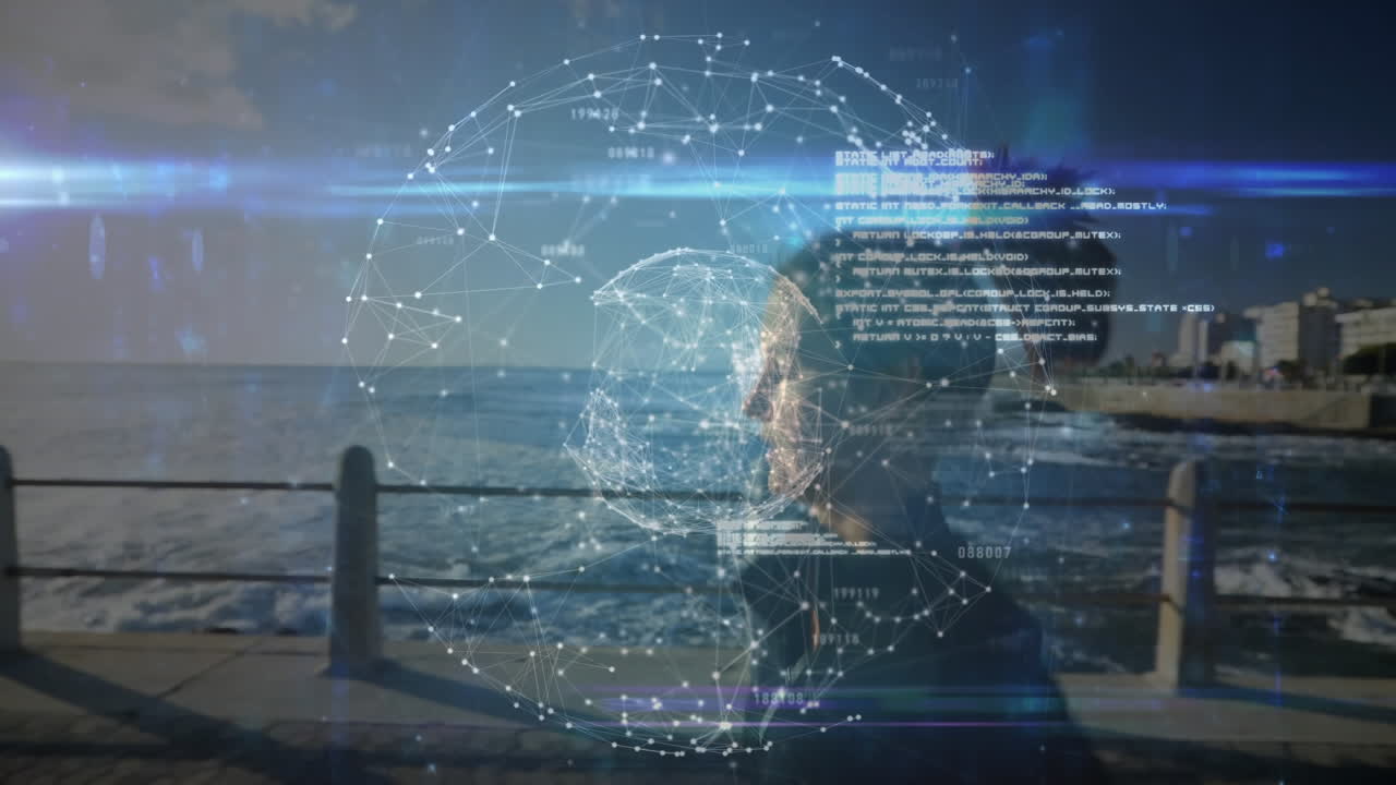 해변에서 달리는 적합한 여성에 대한 연결의 지구의 애니메이션