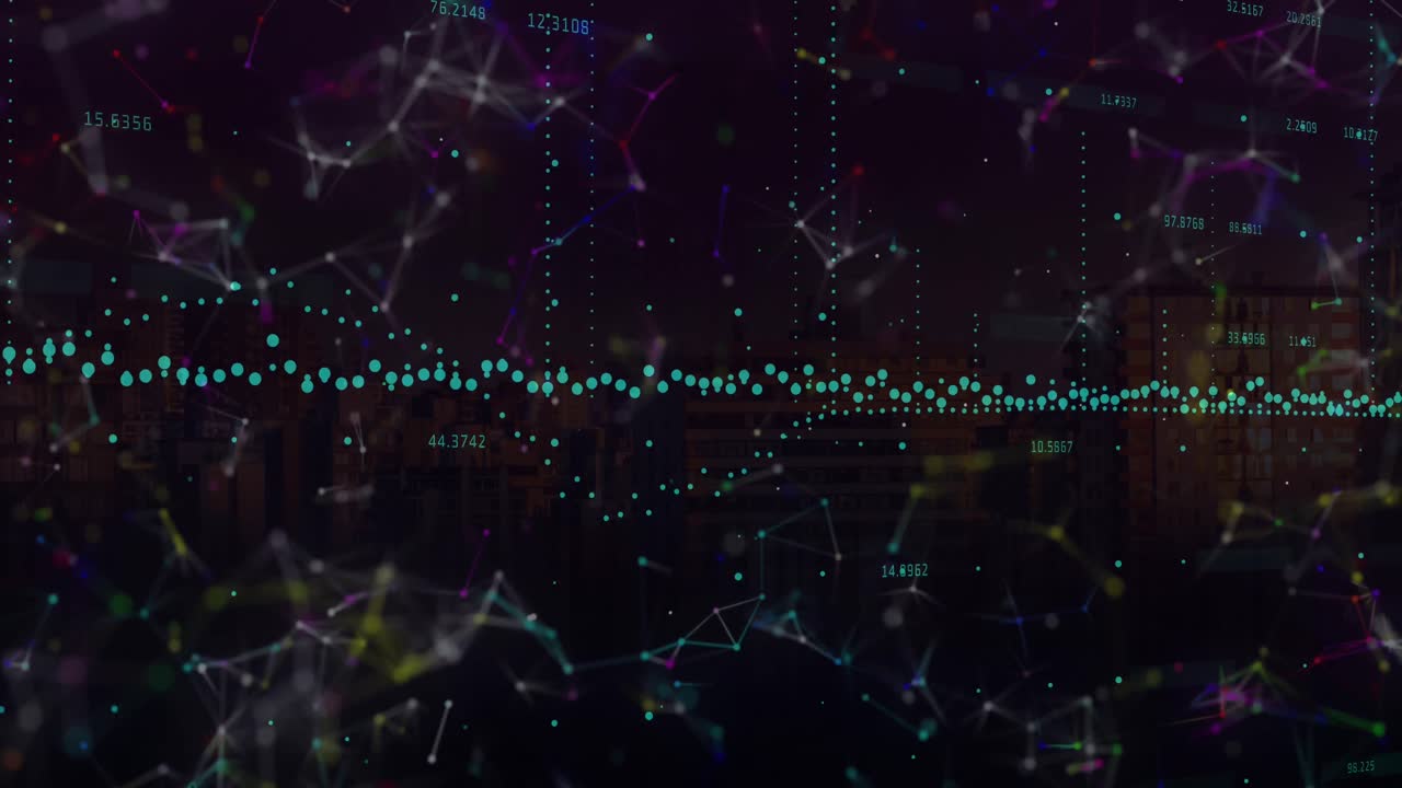 Digital animation of financial data processing and network of connections against black background