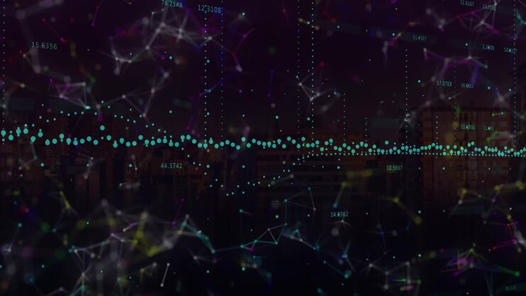 Digital animation of financial data processing and network of connections against black background