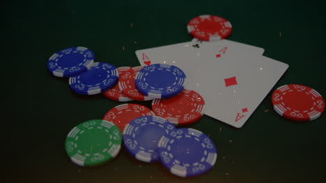 animation of confetti and poker chips falling onto playing cards on gambling table