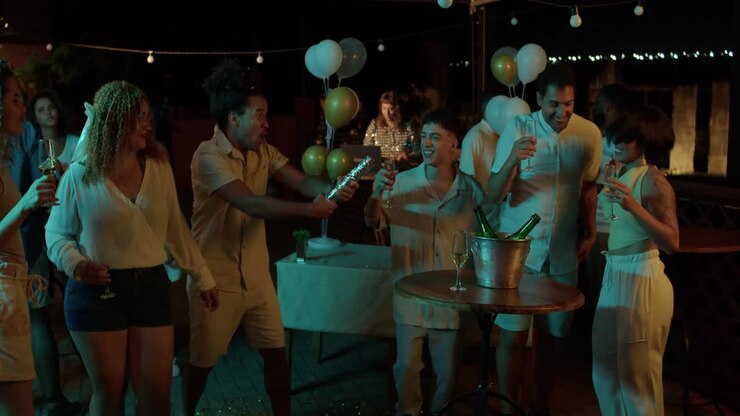 Friends celebrating at a lively outdoor night party