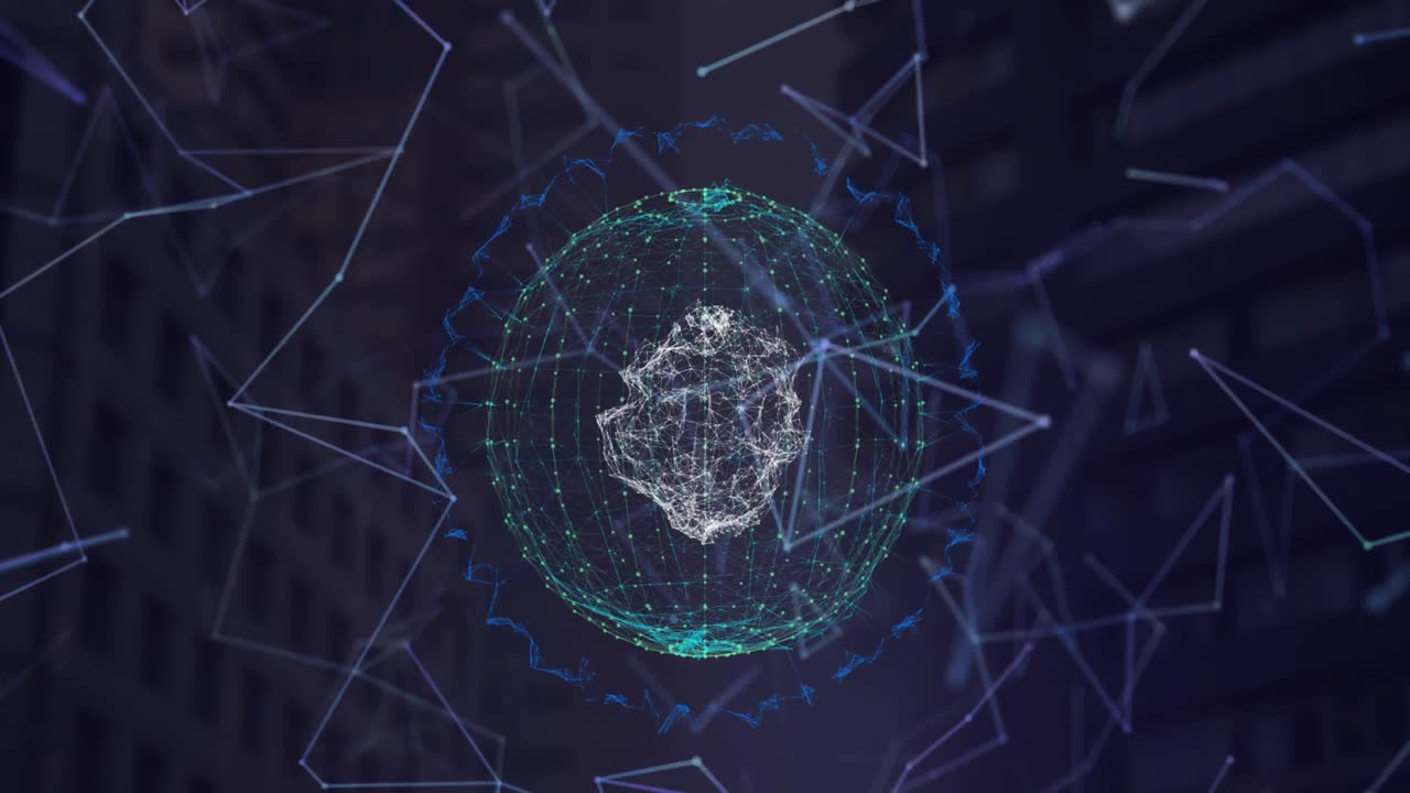 red de conexiones sobre el globo giratorio contra edificios modernos