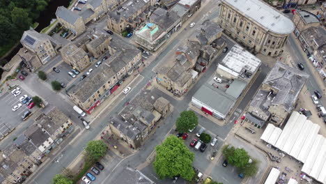 Aerial-Drone-Yorkshire-Town-at-Sunset-with-Traffic,-Trees-and-Buildings