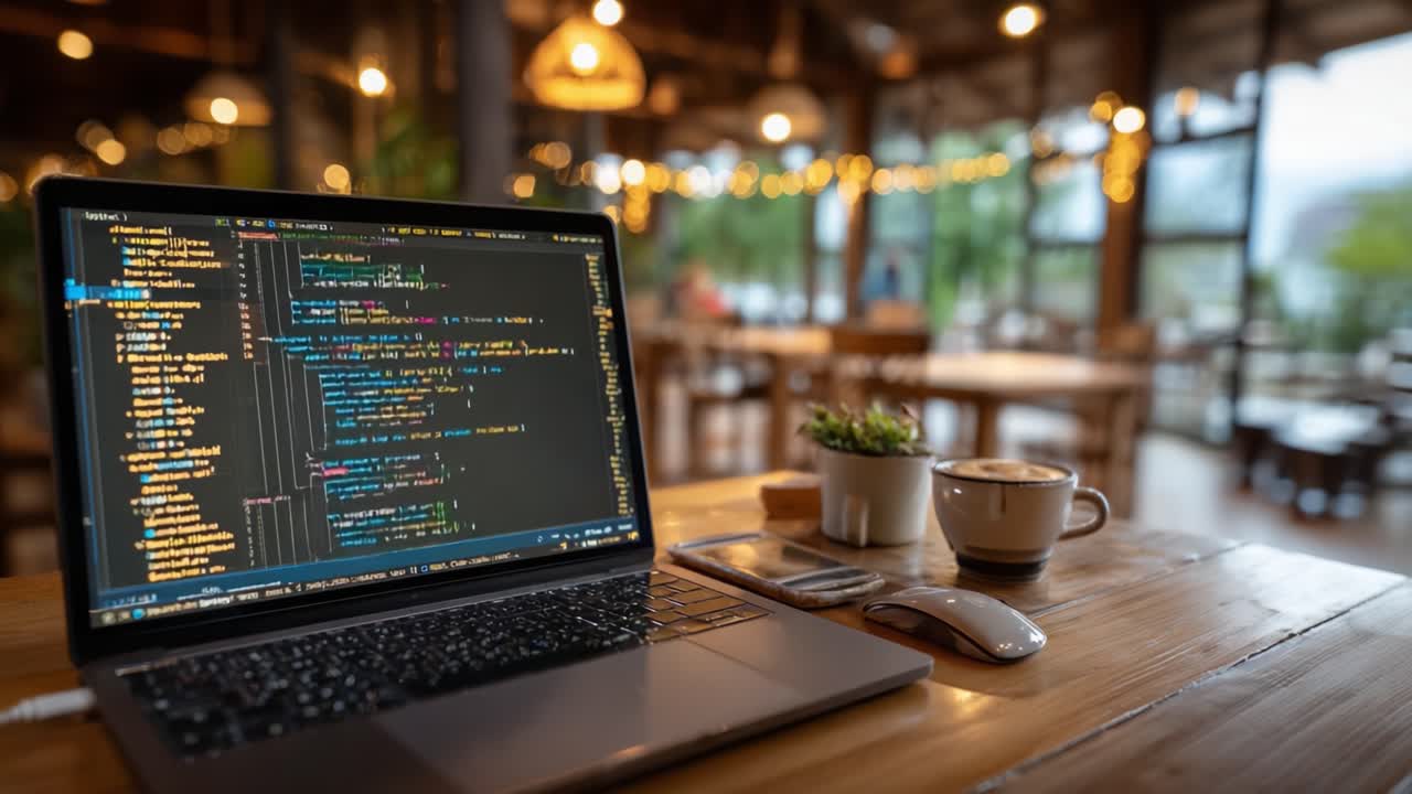 En hyggelig arbejdsplads med en bærbar computer med kode, en kop kaffe og elegant indretning i et varmt oplyst cafémiljø – perfekt til kodeinspiration