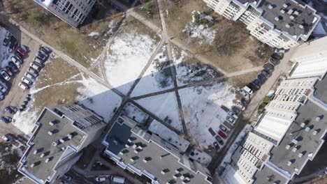 top drone view of residential apartment buildings of soviet period in vilnius