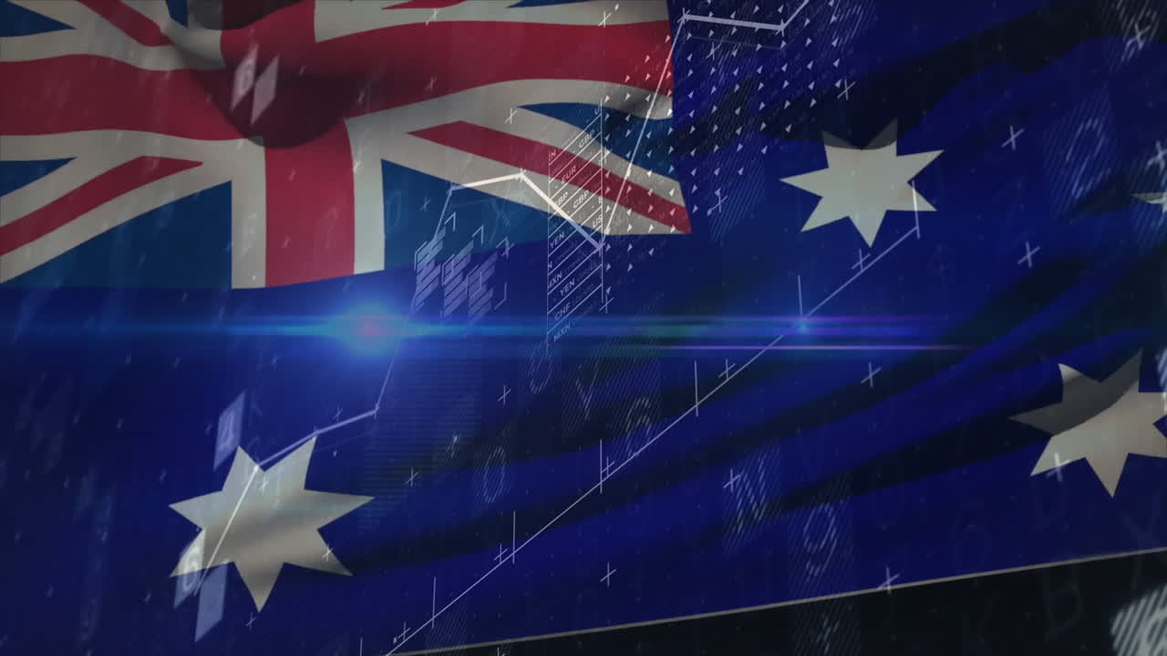 Digital data and graphs overlaying Australian flag with animation effects