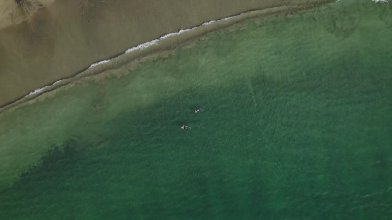 화창한 날 검은 바위 해변 토바고에서 스노클링하는 커플의 놀라운 공중 전망
