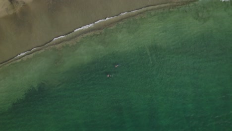 Increíble-Vista-Aérea-De-Una-Pareja-Haciendo-Snorkel-En-Black-Rock-Beach-Tobago-En-Un-Día-Soleado