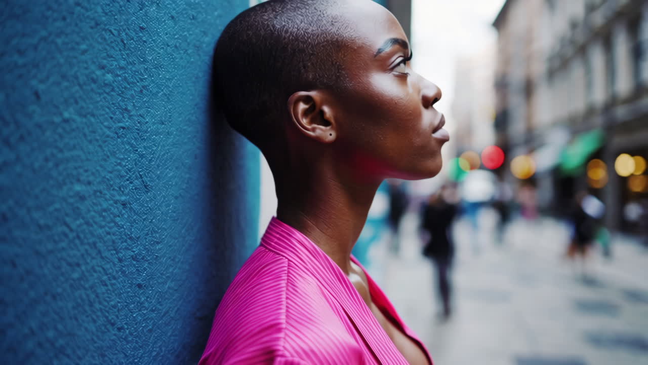 Profilo di una donna con un top rosa appoggiata a un muro blu in un contesto urbano