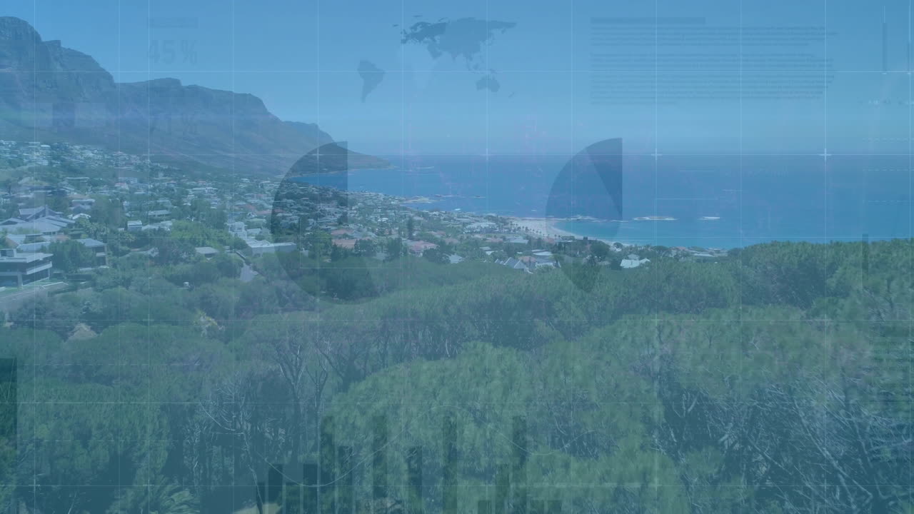 Coastal landscape with data processing animation over ocean and greenery