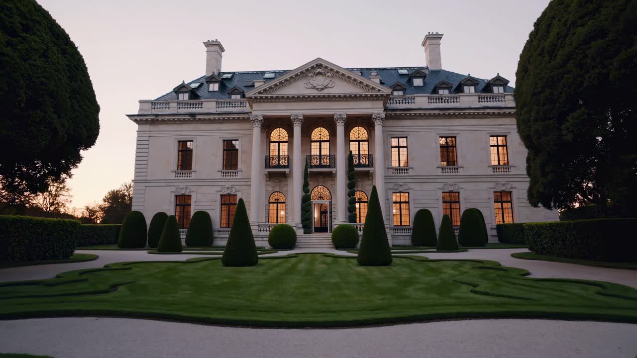 Elegant mansion exterior illuminated at dusk, showcasing manicured gardens and symmetrical hedges, creating a serene atmosphere of luxury and tranquility in a stunning architectural setting