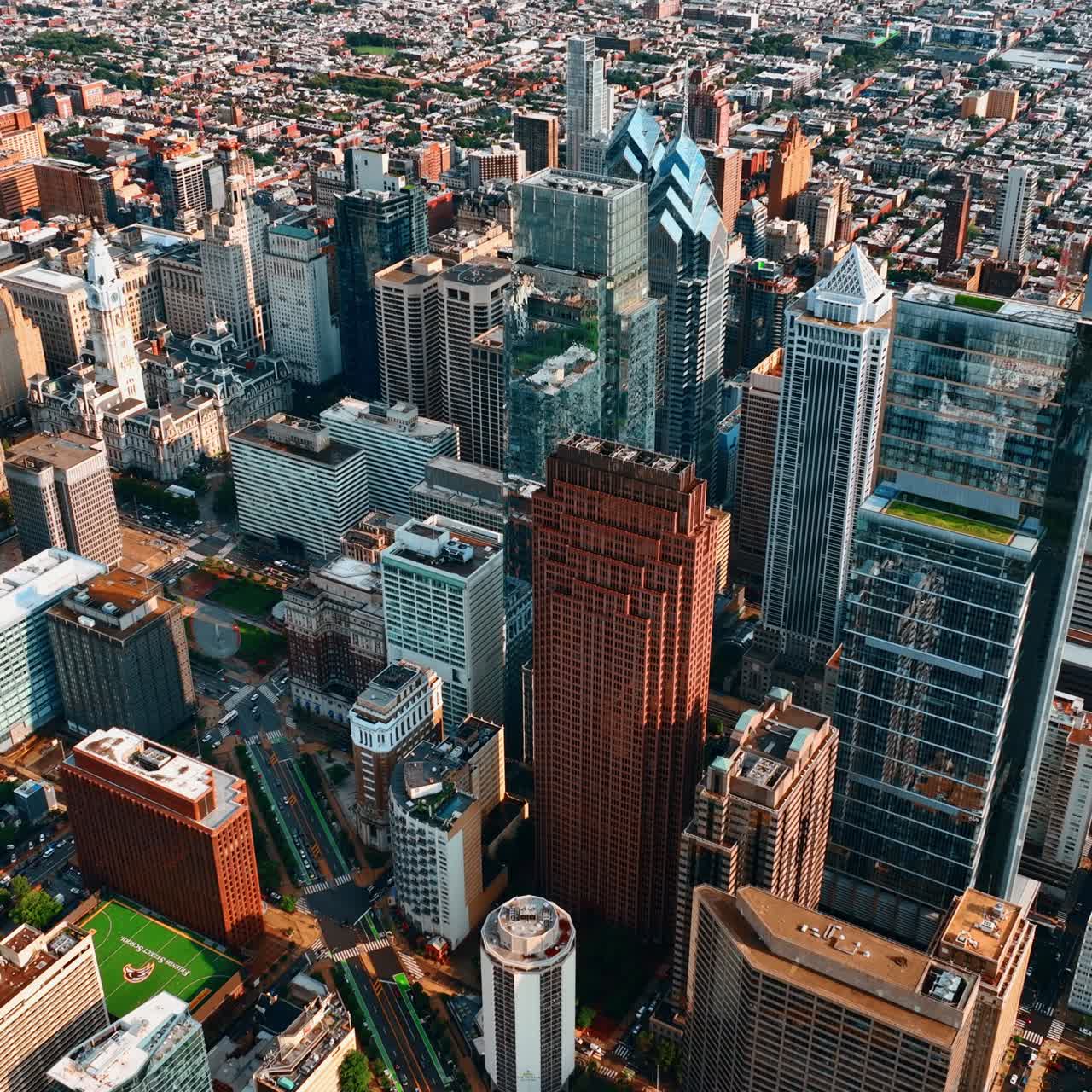 Hovering above the majestic skyscrapers. Diverse architecture of Philadelphia from top view
