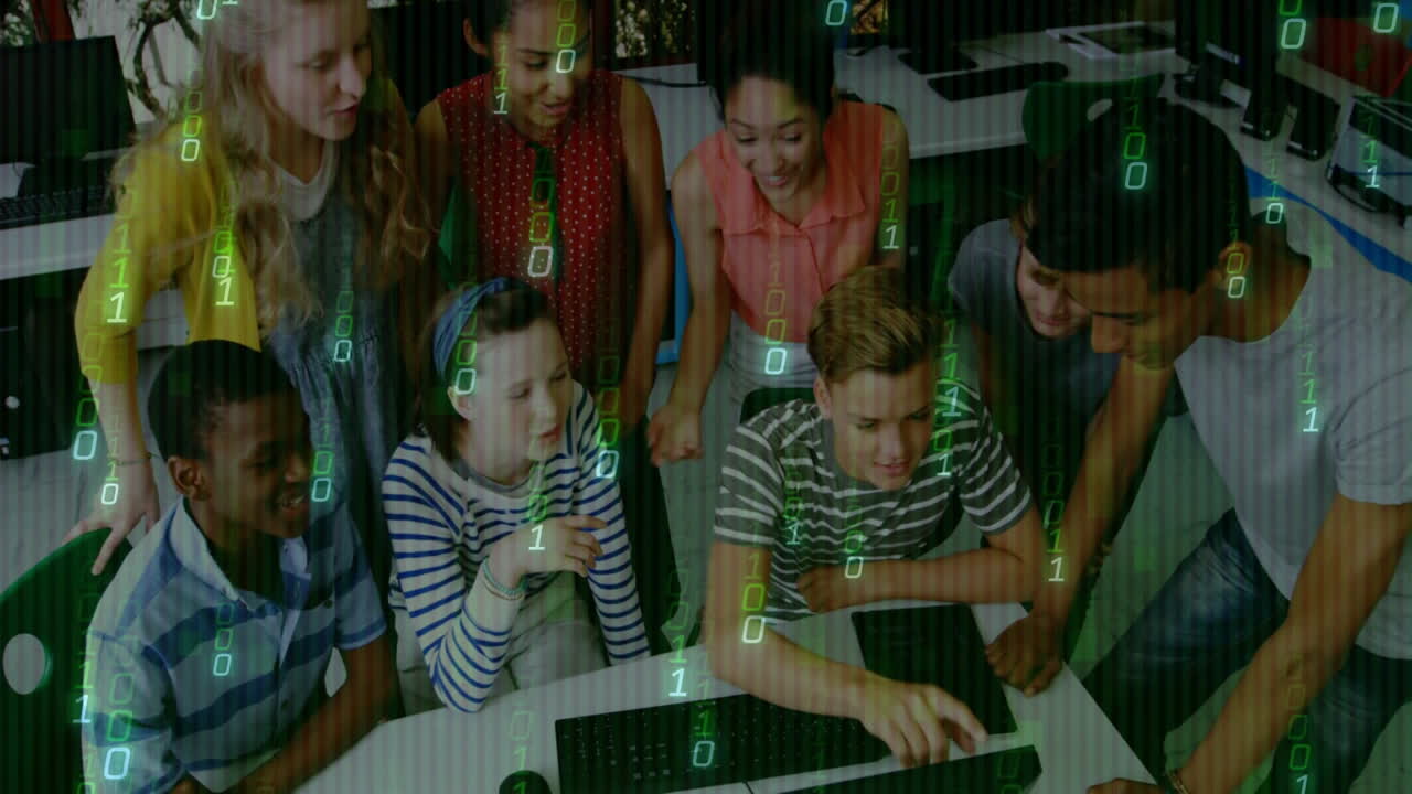 Diverse group of young people collaborating over binary code animation