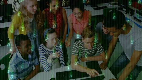 diverse group of young people collaborating over binary code animation