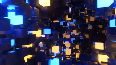abstract flying in futuristic corridor, seamless loop 4k background, fluorescent ultraviolet light, glowing colorful neon cubes, geometric endless tunnel, blue yellow spectrum, 3d render
