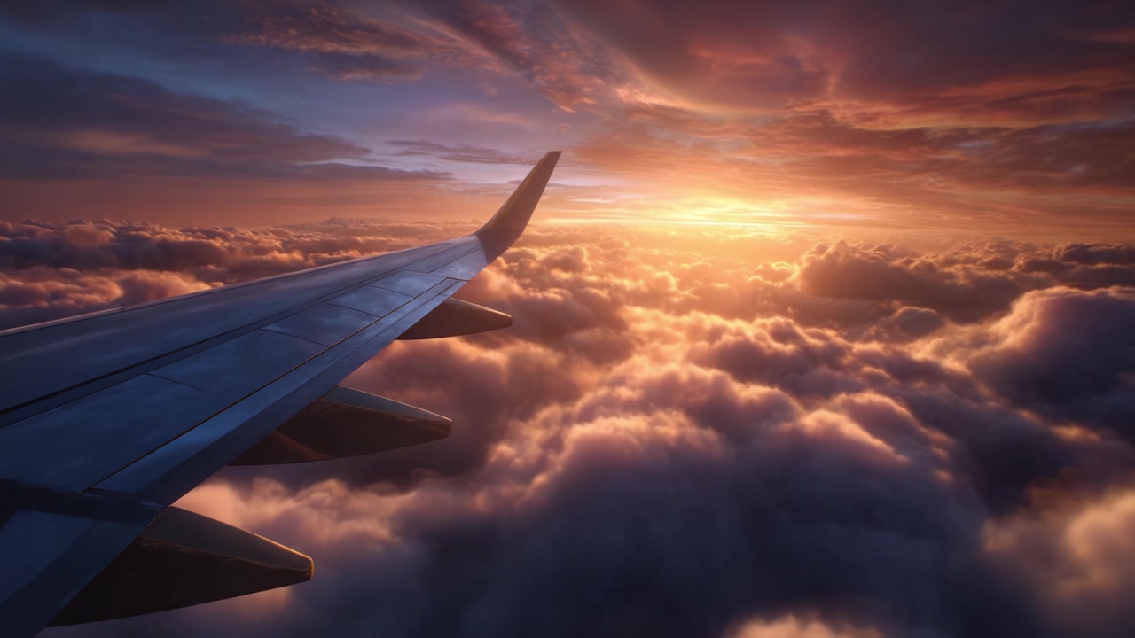 Vista Aérea Deslumbrante Capturada da Asa de um Avião ao Pôr do Sol, Pintando as Nuvens com Cores Vibrantes Durante uma Jornada Serena Acima do Horizonte.