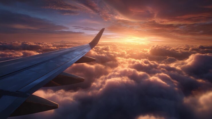 Vue aérienne époustouflante capturée depuis l'aile d'un avion au coucher du soleil, peignant les nuages de couleurs vibrantes lors d'un voyage serein au-dessus de l'horizon