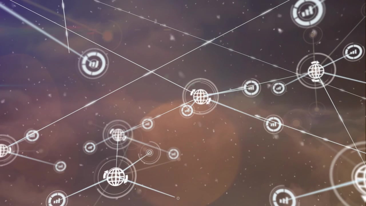 Digital Network Connection Icons Overlaid on Cloudy Sky Background