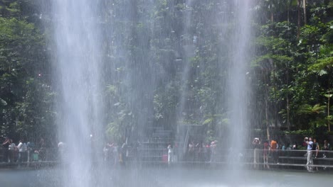 people stand on a viewing platform watching a large indoor waterfall cascade in a bright, verdant garden environment with natural daylight and steady camera