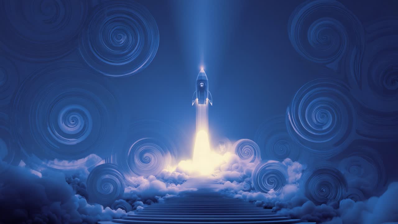 Space shuttle rising from a surreal staircase through a dreamscape of swirling blue clouds, symbolizing growth, innovation, and a journey toward success and future possibilities