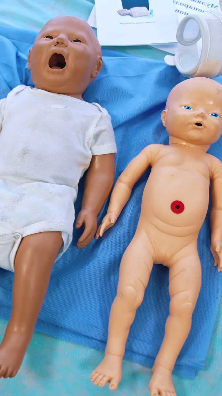 Baby dolls for medical practice. Child dummies on the table for students studying purpose in medical university. Vertical video