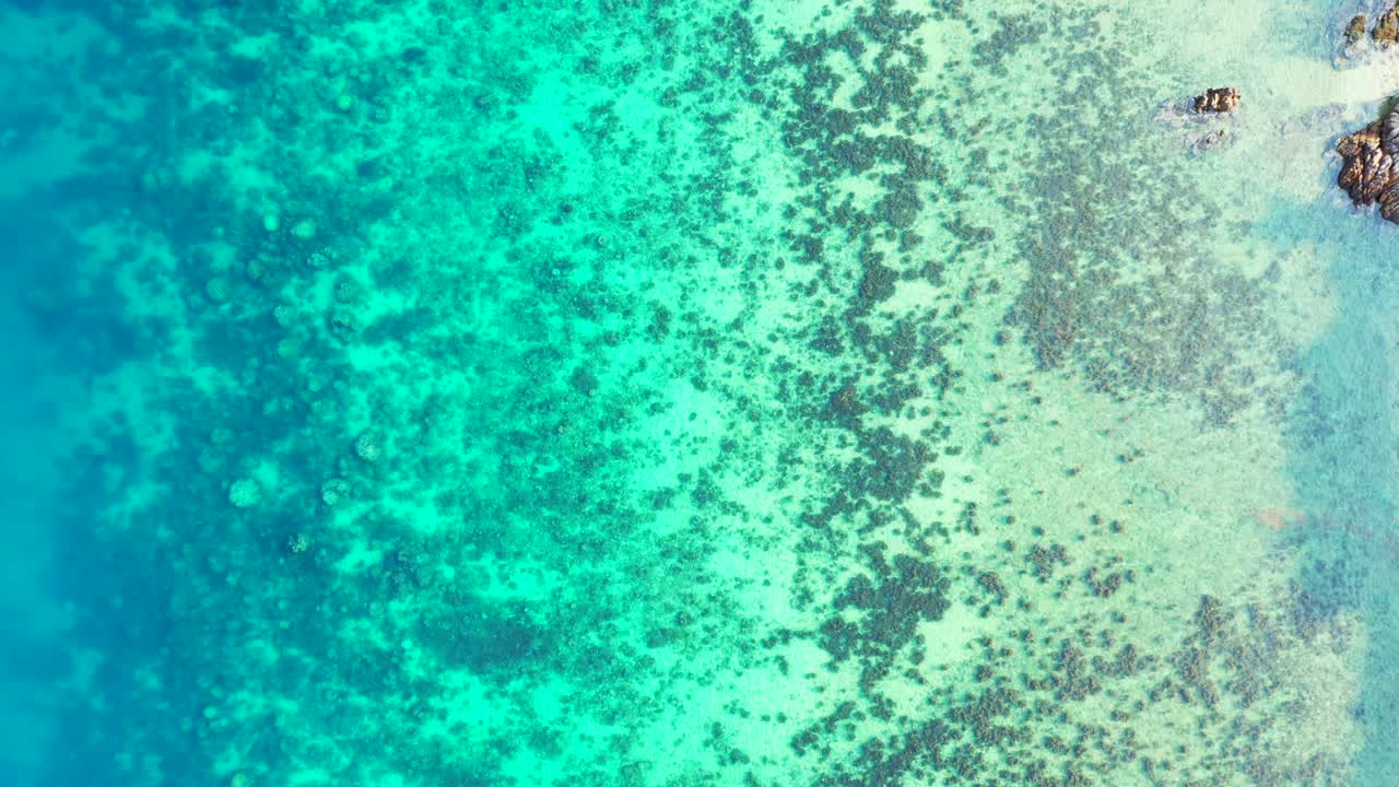 Beautiful calm sea background water texture, Green Blue Turquoise ocean with coral reef, high angle