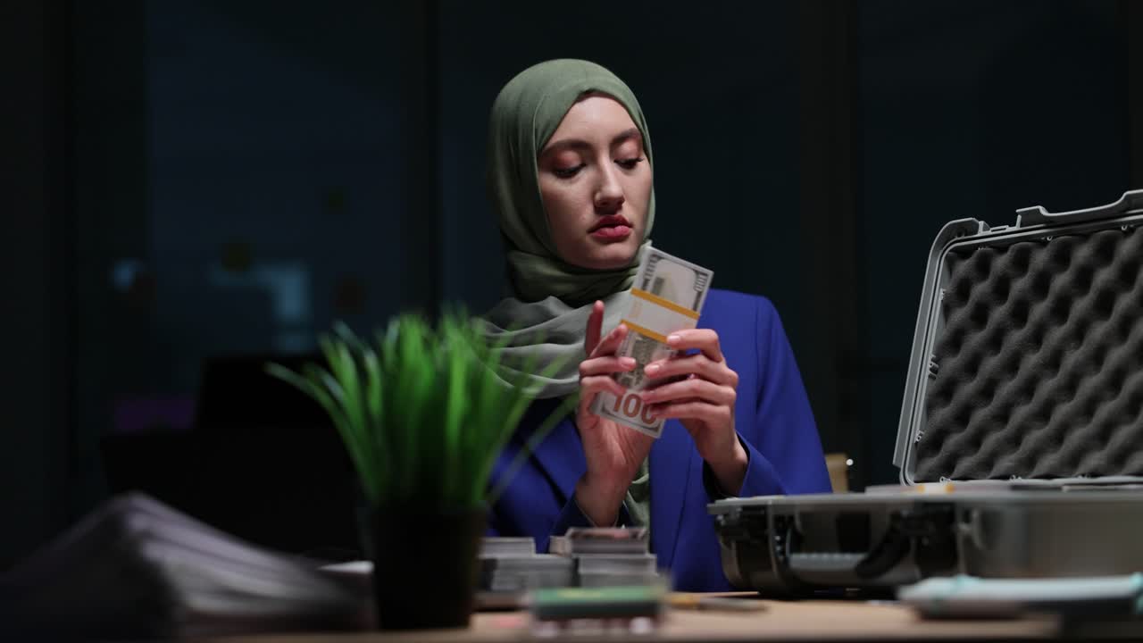 Woman in hijab counting money in office with briefcase
