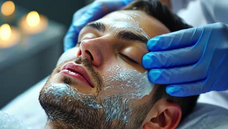 man receiving a facial mask treatment at a spa