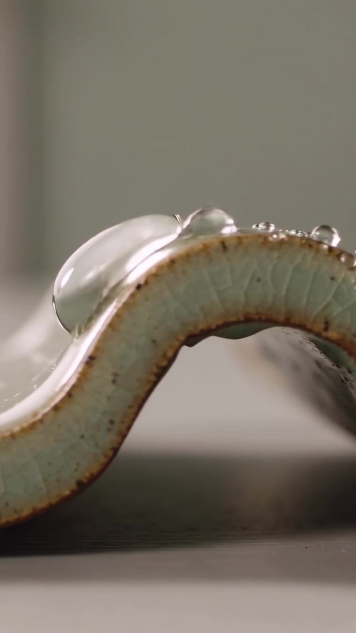Vertical video: Sliding main droplet down curved glazed ceramic ridge on table pulled by gravity