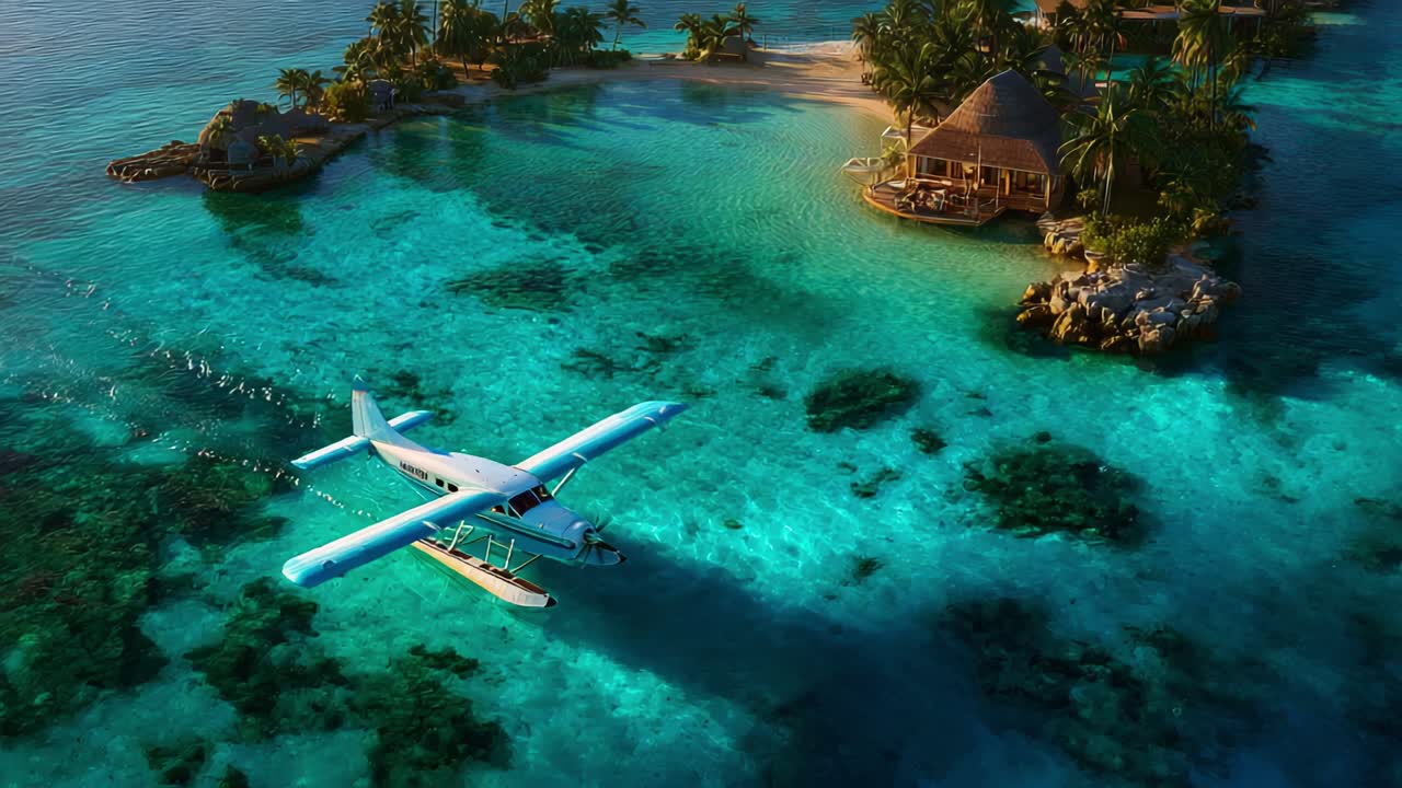Aerial View of a Seaplane Navigating Over Vibrant Turquoise Waters Near a Tropical Island Surrounded by Lush Palm Trees and a Cozy Beachfront Hut, Capturing Serene Paradise
