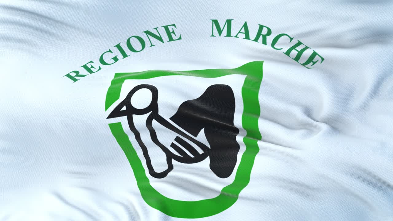 Marche (Region of Italy) flag waving in the wind with highly detailed fabric texture. Seamless loop