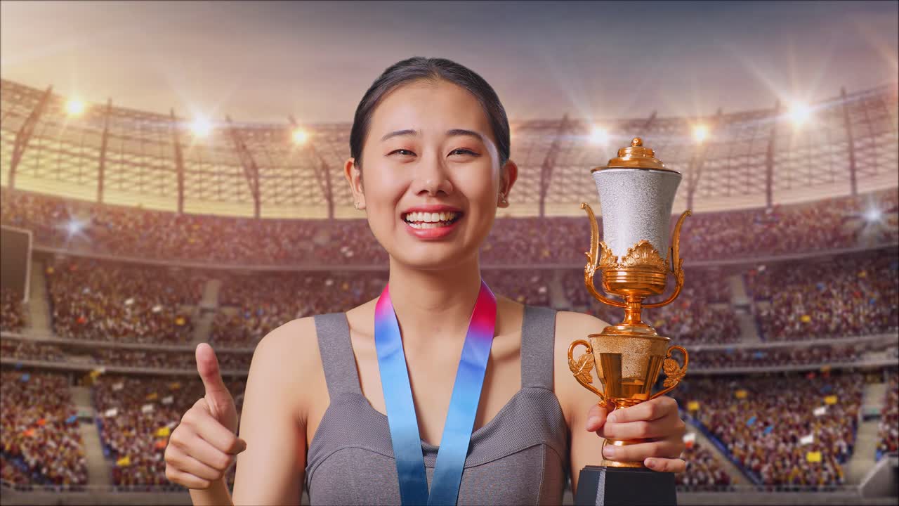 Woman Athlete with Trophy and Medal