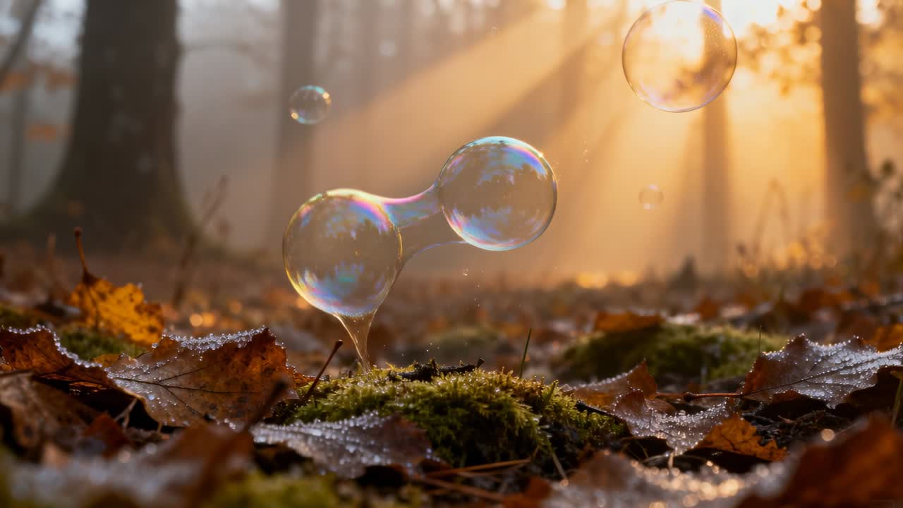 Bolle di sapone che toccano un rametto, che si allungano e si collegano sopra il muschio all'alba, con raggi di sole che brillano.