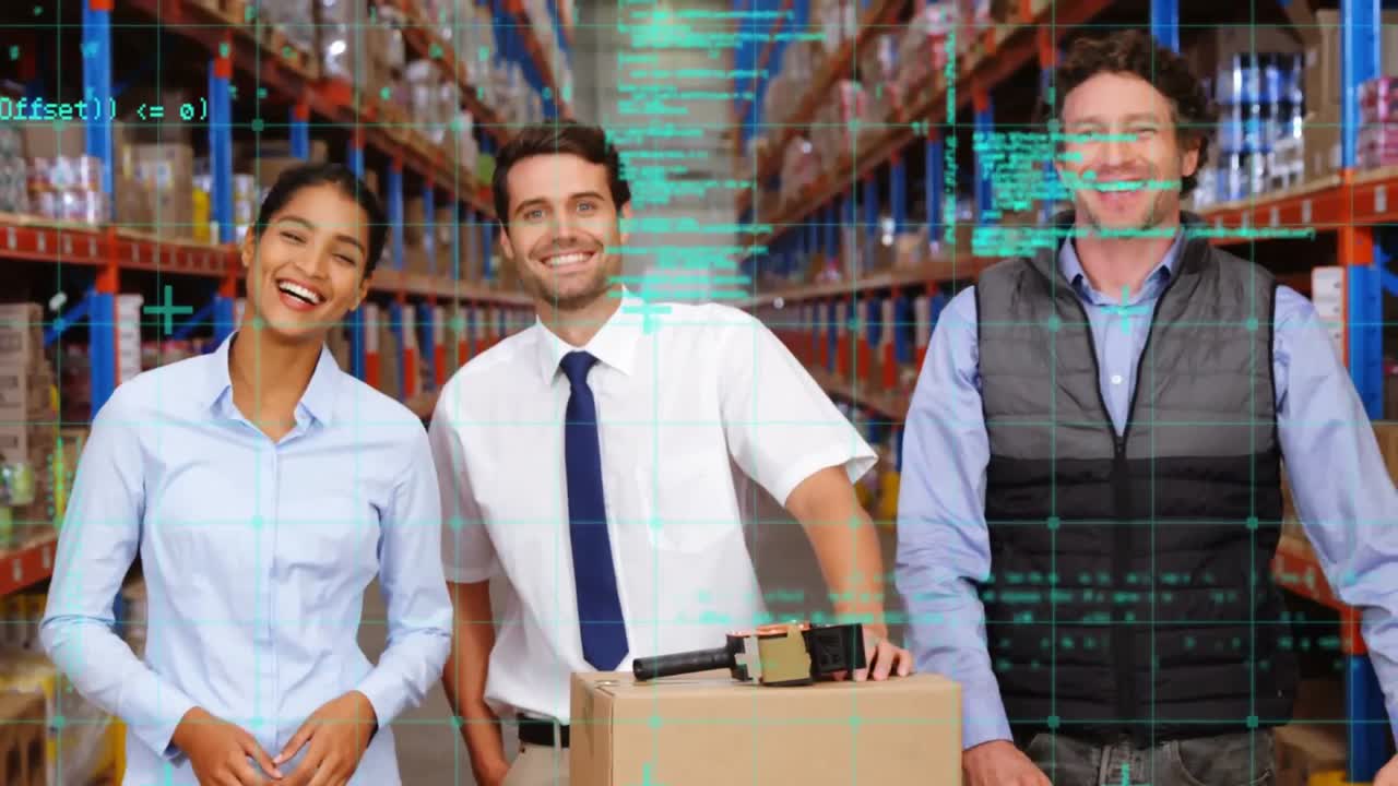 Animazione di elaborazione dati su persone diverse che lavorano in magazzino