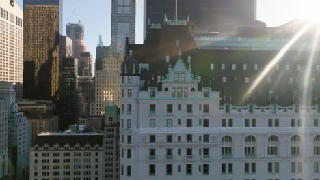 aerial tracking shot of unique architecture of the midtown of manhattan, nyc